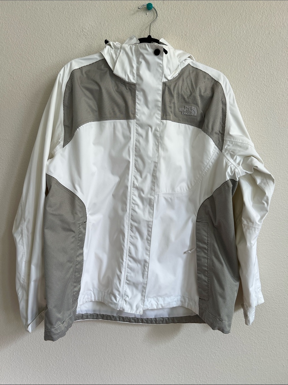 THE NORTH FACE HyVent Hooded Windbreaker Jacket White/Micro Check Gray Women XL
